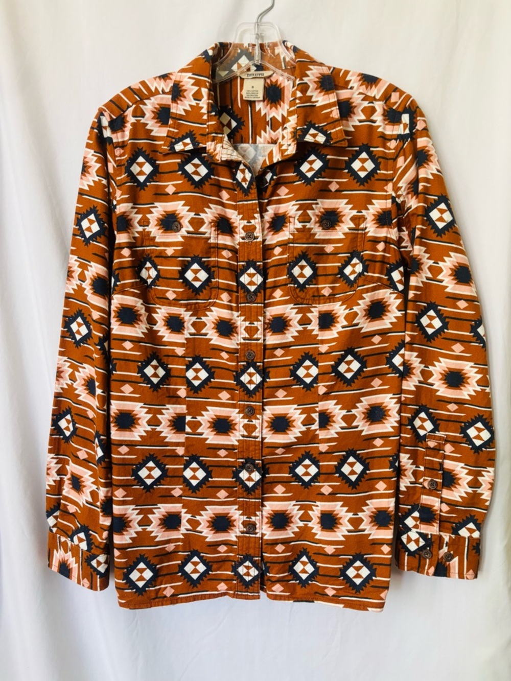 Duluth Trading Geometric Button Down Shirt Rust Brown Long Sleeve S